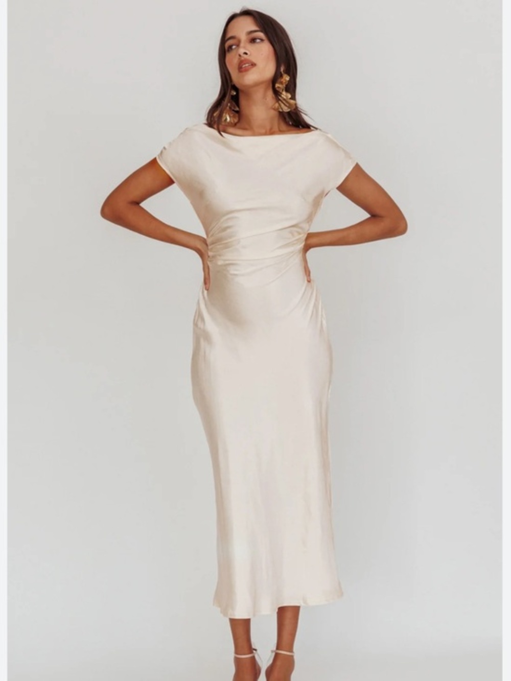 NWT Selfie Leslie Elegant Cream Satin Midi Dress